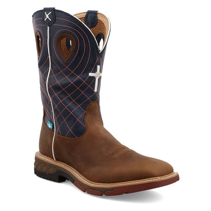 Twisted X Women's Brown and Navy with Cross Embroidery CellStretch Square Toe Work Boot